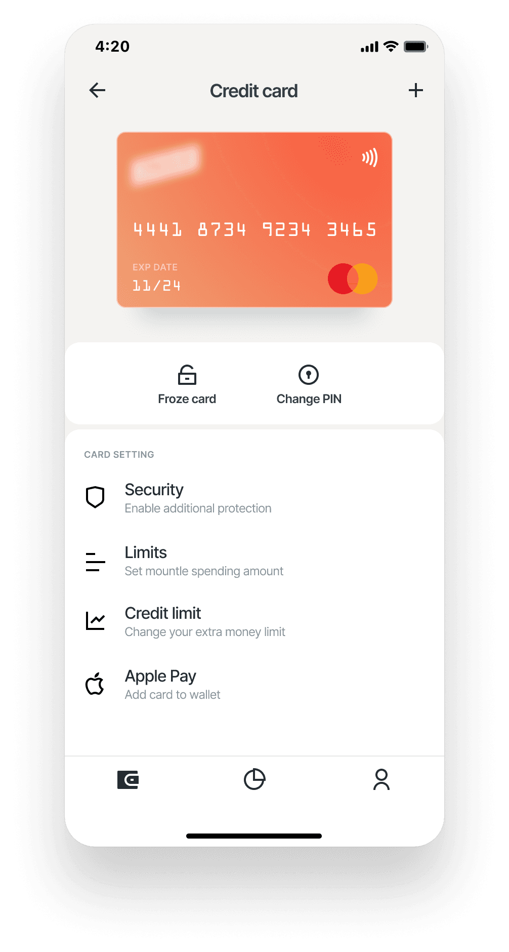 Екран credit card controls і settings