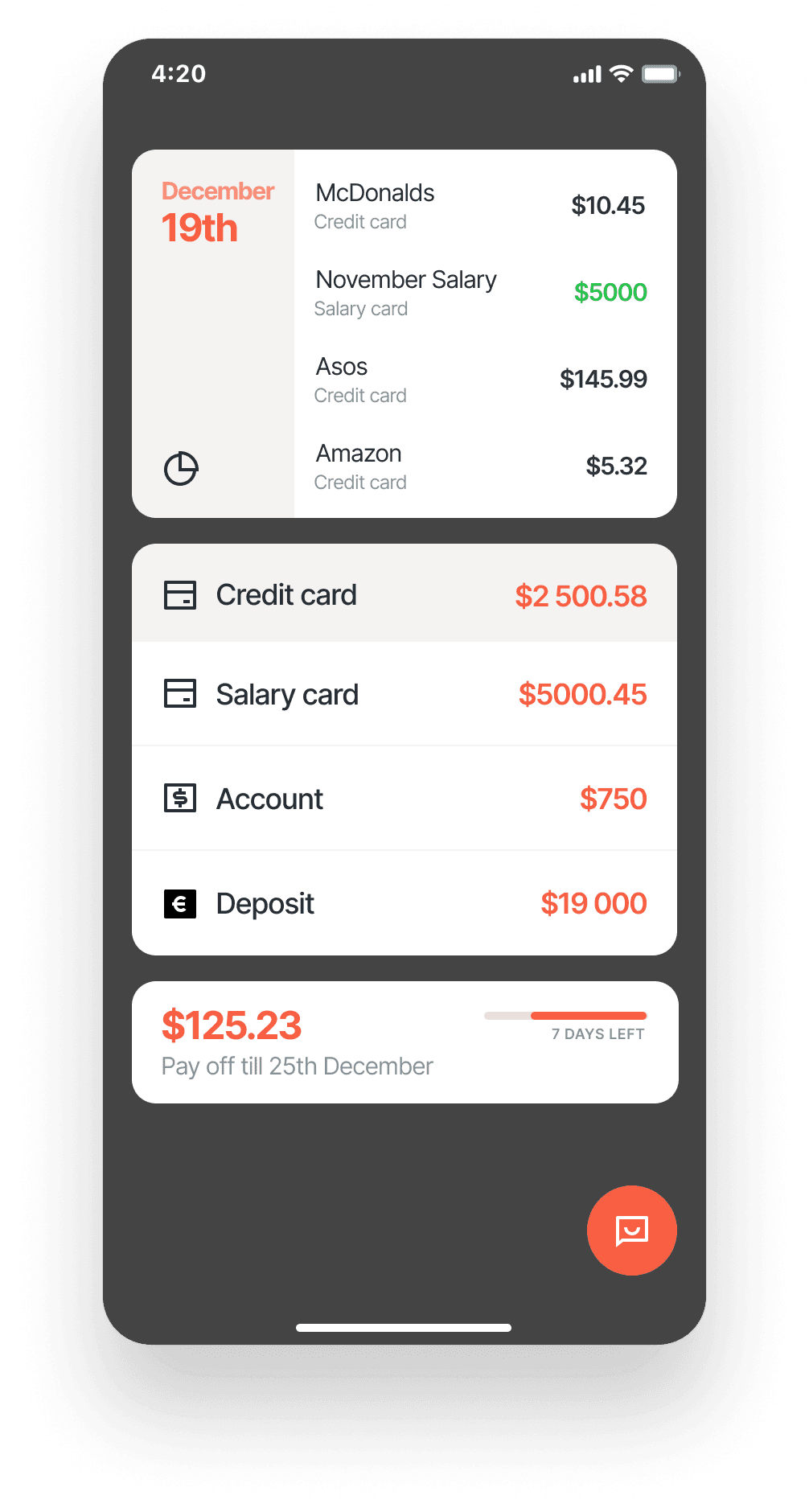 Finance hub із балансами, платежами та pay-off reminder